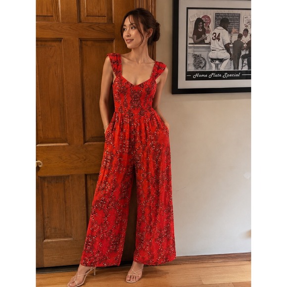 Rebellion Pants - Rebellion One Red Paisley Wide Leg Jumpsuit XL Boho Festival Smocked Romper